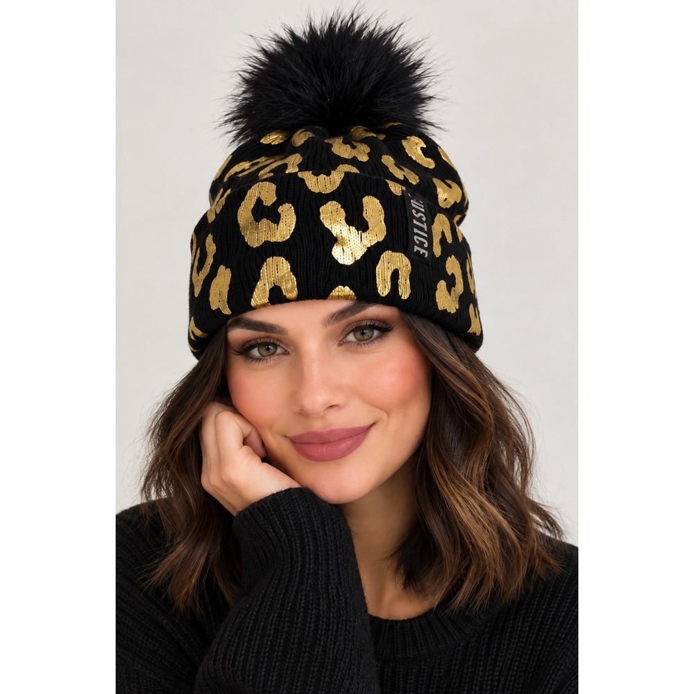 Justice Womens Leopard Fur Pom Pom Cuffed Brim Beanie Knit Hat Sz OS Black Gold